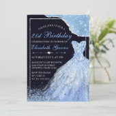 Light Blue Glitzer Dress & Glam Edge 21. Geburtsta Einladung (Stehend Vorderseite)