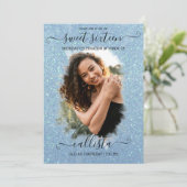 Light Blue Glitzer Halo Foto Collage Sweet 16 Einladung (Stehend Vorderseite)