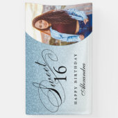 Light Blue Glitzer Sweet 16 Personalisiertes Foto Banner (Vertikal)