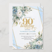 Light blue gold accents floral chic 90th birthday  einladung (Vorderseite)