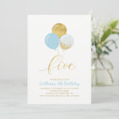 Light Blue & Gold Ballons 5. Geburtstagsparty Einladung (Stehend Vorderseite)