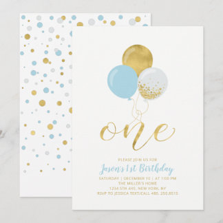 Light Blue & Gold Balloons | 1. Junge Geburtstag Einladung
