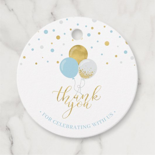Light Blue & Gold Balloons | 1. Junge Geburtstag Geschenkanhänger (Vorderseite)
