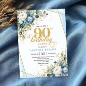 Light blue gold brushed glitter 90th birthday einladung
