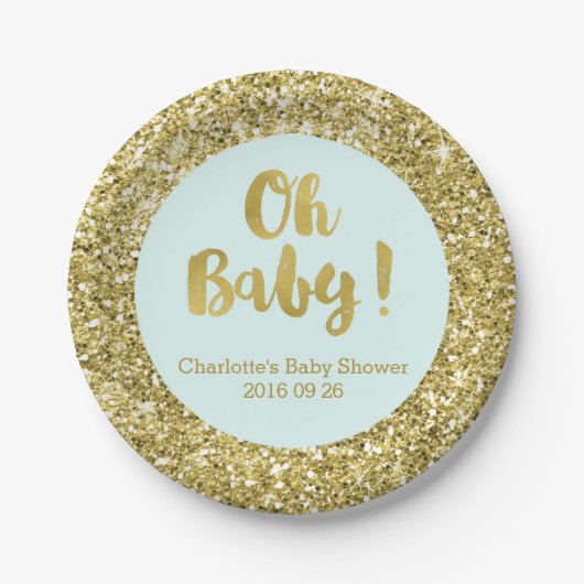 Light Blue Gold Glitzer Oh Baby Shower Plate Pappteller (Vorderseite)
