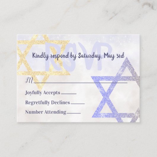 Light Blue, Gold Glitzer Stars RSVP Card Hinweiskarte (Vorderseite)