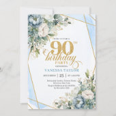 Light blue gold luxe border greenery 90th birthday einladung (Vorderseite)