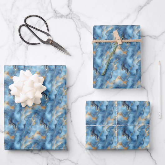 Light Blue & Gold Marmor Geschenkpapier Set (Vorderseite)