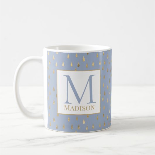Light Blue Gold Raindrop Modernes Trendmonogramm Kaffeetasse (Links)