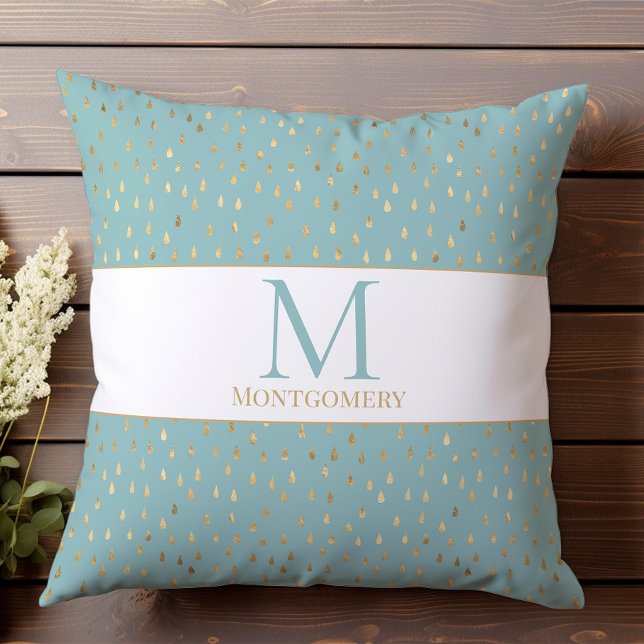Light Blue Gold Raindrop Modernes Trendmonogramm Kissen (Von Creator hochgeladen)