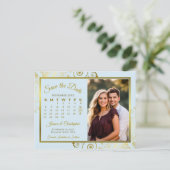 Light Blue & Gold Wedding Rett Date Calendar Foto Ankündigungspostkarte (Stehend Vorderseite)