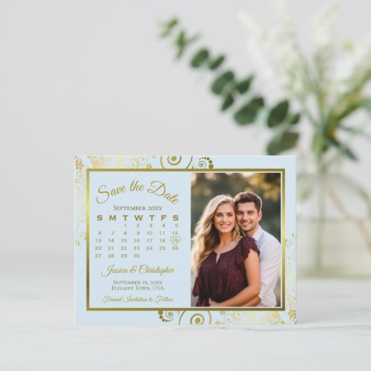 Light Blue & Gold Wedding Rett Date Calendar Foto Ankündigungspostkarte (Stehend Vorderseite)