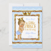 Light Blue Gold White Prince Baby Dusche Blonde Einladung (Vorderseite)