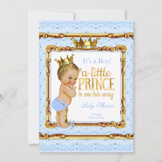 Light Blue Gold White Prince Baby Dusche Blonde Einladung (Vorderseite)