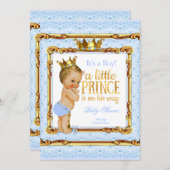 Light Blue Gold White Prince Baby Dusche Blonde Einladung (Vorne/Hinten)