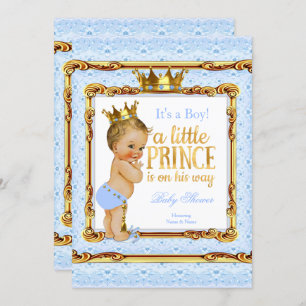 Light Blue Gold White Prince Baby Dusche Blonde Einladung