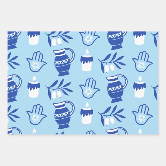 Light Blue Hamsa Star von David Pattern Hanukkah Geschenkpapier Set (Vorderseite 3)