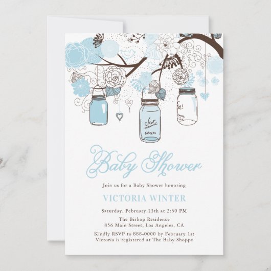 Light Blue Hanging Mason Jars Baby Shower Einladung (Vorderseite)