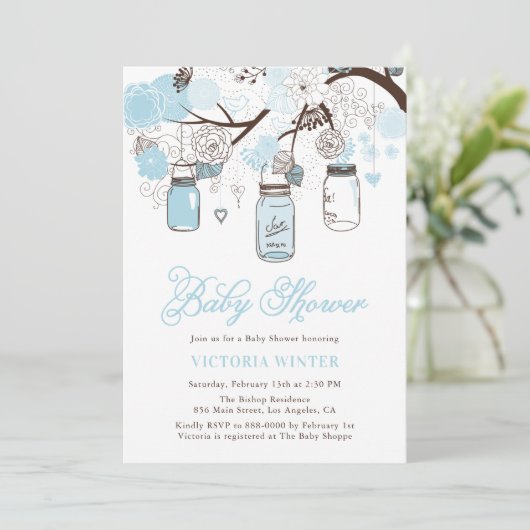 Light Blue Hanging Mason Jars Baby Shower Einladung (Stehend Vorderseite)