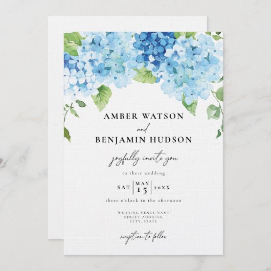 Light Blue Hydrangea Dusty Navy Floral Wedding Einladung (Vorne/Hinten)
