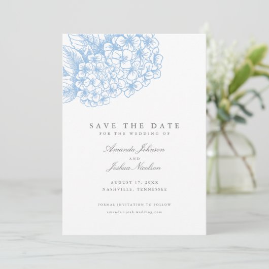 Light Blue Hydrangea Wedding Save the Date (Stehend Vorderseite)