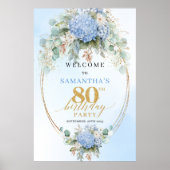 Light Blue Hydrangea Welcome Sign 80th birthday  Poster (Vorne)