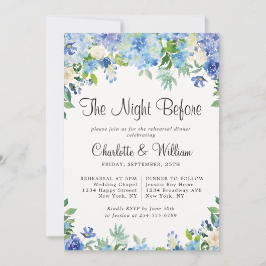 Light Blue Hydrangeas Floral Chic Probe Dinner Einladung (Vorderseite)