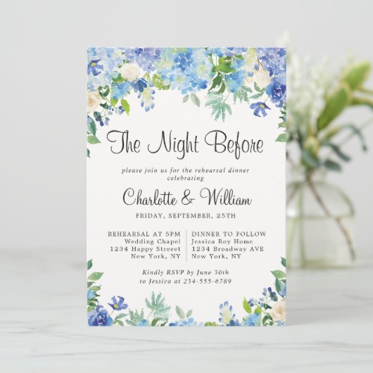 Light Blue Hydrangeas Floral Chic Probe Dinner Einladung (Stehend Vorderseite)