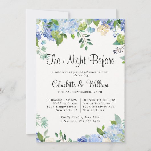 Light Blue Hydrangeas Floral Chic Probe Dinner Einladung (Vorderseite)