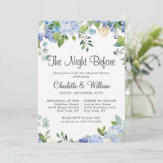 Light Blue Hydrangeas Floral Chic Probe Dinner Einladung (Stehend Vorderseite)