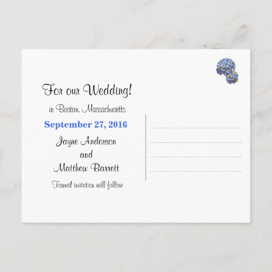 Light Blue Hydrangeas Floral Speichern Sie die Dat Ankündigungspostkarte (Rückseite)