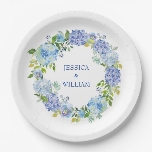 Light Blue Hydrangeas Floral Wedding Party Pappteller (Vorderseite)