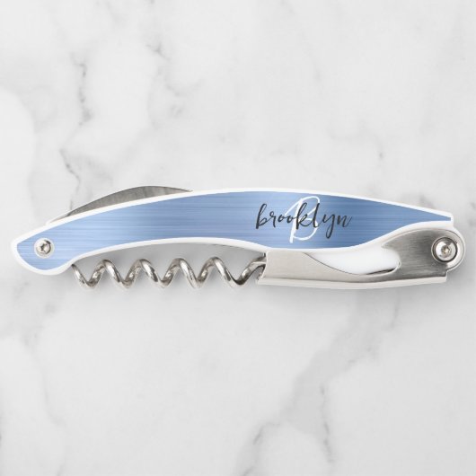 Light Blue Imitats Pinselmetall Monogram Script Kellnermesser (Rückseite)