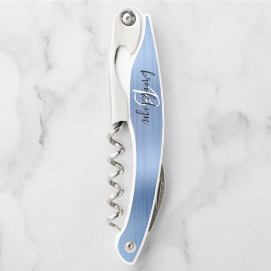 Light Blue Imitats Pinselmetall Monogram Script Kellnermesser (Vorderseite)