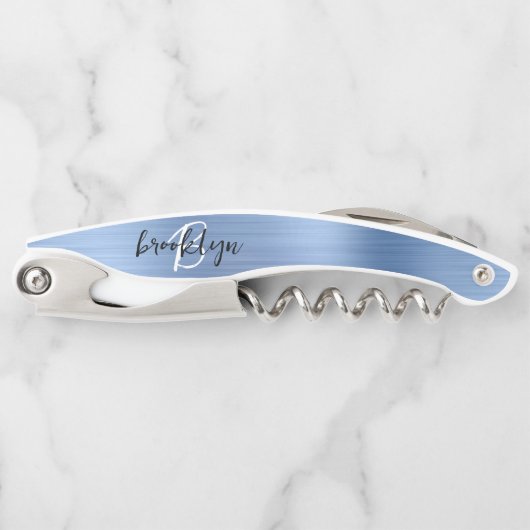 Light Blue Imitats Pinselmetall Monogram Script Kellnermesser (Vorderseite)