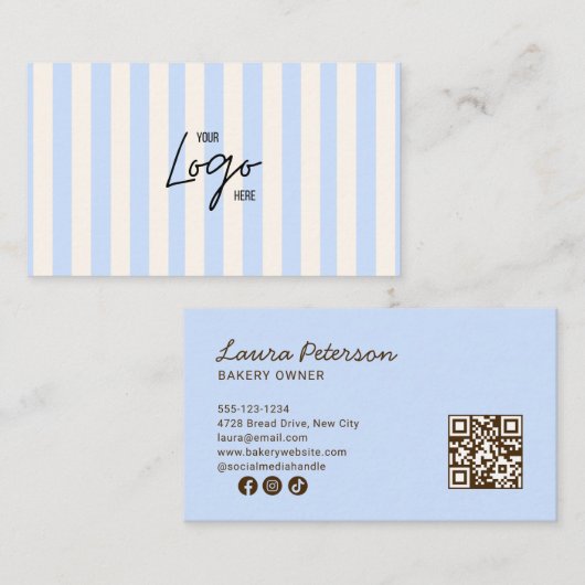 Light Blue & Ivory Stripes Bakery Logo QR Code Visitenkarte (Vorne/Hinten)