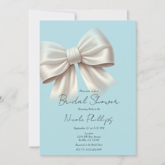Light Blue & Ivory White Bow Brautparty Einladung (Vorderseite)