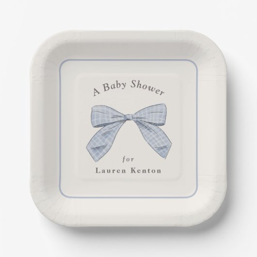 Light Blue Kariert Bow Elegante Boy Baby Shower Pappteller (Vorderseite)