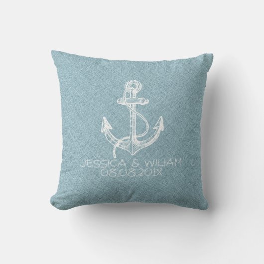 Light Blue Linen & White Boat Anchor Kissen (Vorderseite)