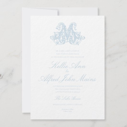 Light Blue "M" Monogram Wedding Invitation Einladung (Vorderseite)