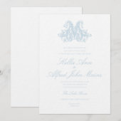 Light Blue "M" Monogram Wedding Invitation Einladung (Vorne/Hinten)