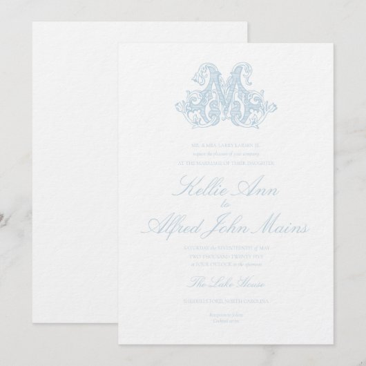 Light Blue "M" Monogram Wedding Invitation Einladung (Vorne/Hinten)