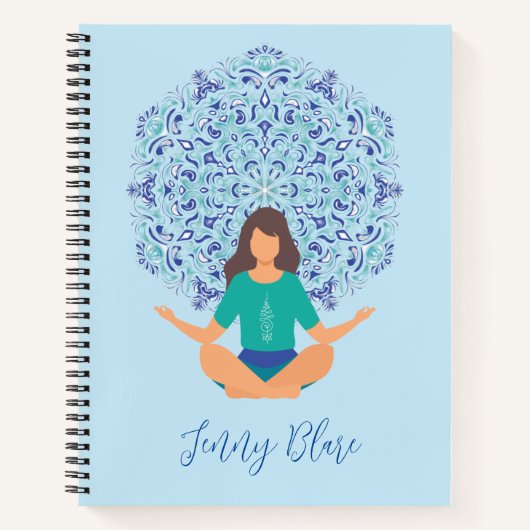 Light Blue Mandala Yoga Pose Monogram Name Notizblock (Vorderseite)