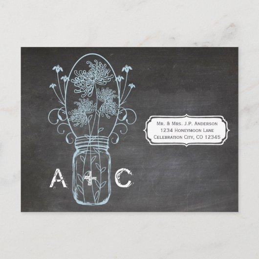 Light Blue Mason Jar Chalkboard Wedding Postkarte (Rückseite)