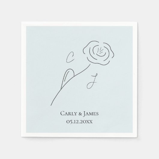 Light Blue Minimalistisch Blume Line Art Monogram Serviette (Vorderseite)