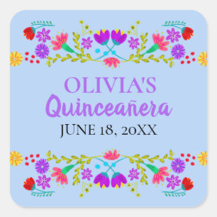 Light Blue Mis Quince Anos Mexican Fiesta Blume Quadratischer Aufkleber
