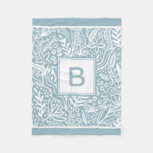 Light Blue Modern Botanical Pattern Monogram Fleecedecke