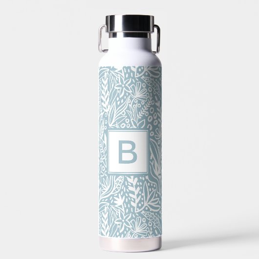 Light Blue Modern Botanical Pattern Monogram Trinkflasche (Vorne)