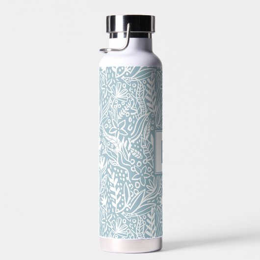 Light Blue Modern Botanical Pattern Monogram Trinkflasche (Rechts)