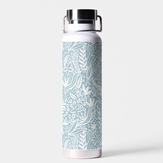 Light Blue Modern Botanical Pattern Monogram Trinkflasche (Rückseite)